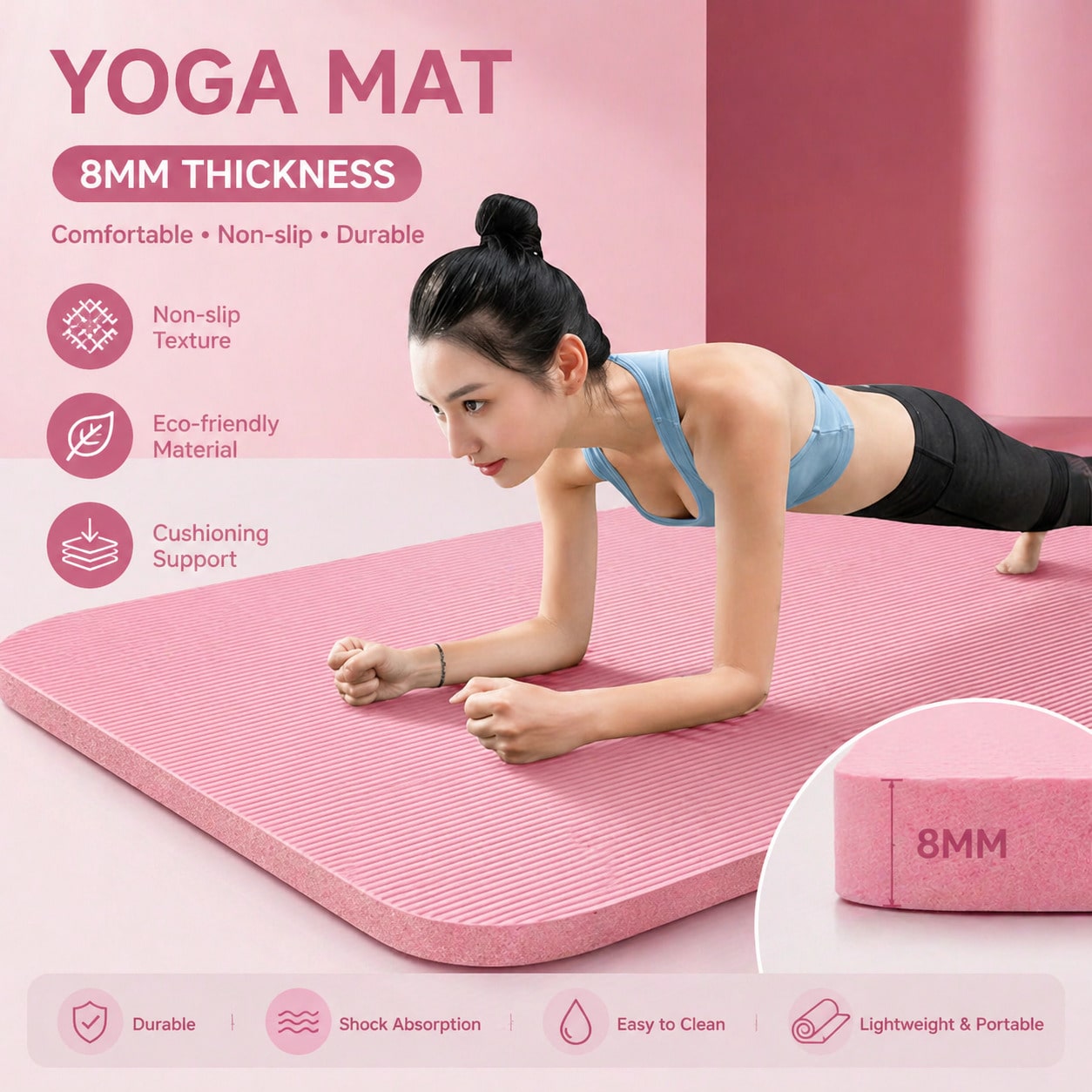 Yoga Daily Fitness - 185*61CM Pink Non Slip Yoga Mat